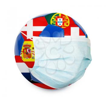 Euro cup football with nations flags and protective mask isolated on a white. Virus threatened championship concept