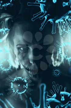 Horrible portrait of a sick woman on coronavirus background. Coronavirus disease concept.