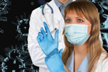 Female doctor with medical mask and protective gloves on COVID-19 3d generated background. Concept of corona virus.