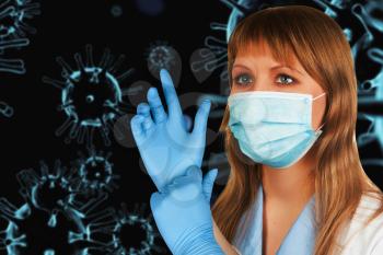 Female doctor with medical mask on 3d generated COVID-19 background background.