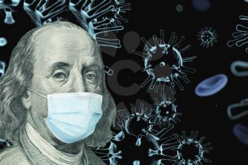 Benjamin Ben Franklin isolated face from 100 dollar banknote with a face mask on covid background. Concept of the global financial crisis and pandemic