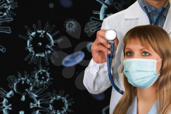Female doctor with medical mask with male doctor on COVID-19 3d generated background. Concept of corona virus.