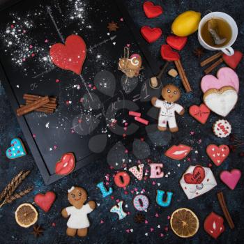 Math, gingerbreads , formula of love. Gingerbreads for Valentines Day or wedding theme.