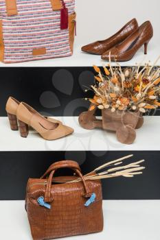 Set handbag, shoes and bouquet of dried flowers