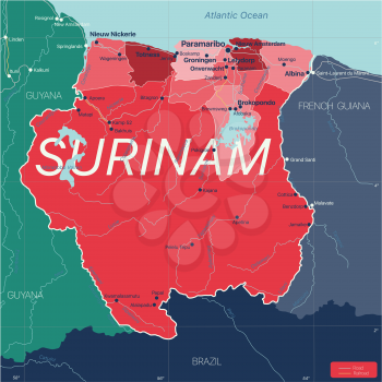 Surinam country detailed editable map with regions cities and towns, roads and railways, geographic sites. Vector EPS-10 file