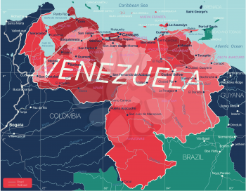 Venezuela country detailed editable map with regions cities and towns, roads and railways, geographic sites. Vector EPS-10 file