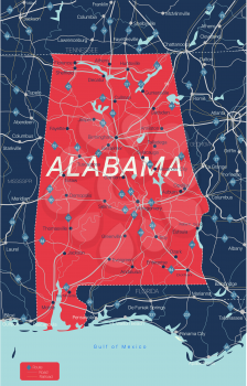 Alabama state detailed editable map with with cities and towns, geographic sites, roads, railways, interstates and U.S. highways. Vector EPS-10 file, trending color scheme