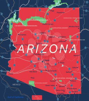 Arizona state detailed editable map with with cities and towns, geographic sites, roads, railways, interstates and U.S. highways. Vector EPS-10 file, trending color scheme