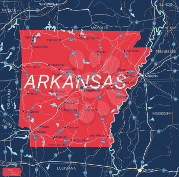Arkanzas state detailed editable map with with cities and towns, geographic sites, roads, railways, interstates and U.S. highways. Vector EPS-10 file, trending color scheme