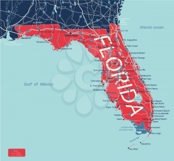 Florida state detailed editable map with with cities and towns, geographic sites, roads, railways, interstates and U.S. highways. Vector EPS-10 file, trending color scheme