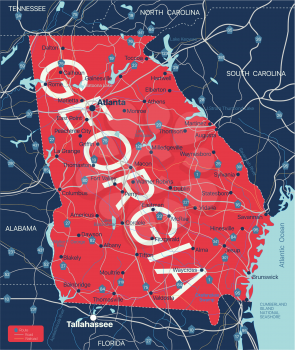 Georgia state detailed editable map with with cities and towns, geographic sites, roads, railways, interstates and U.S. highways. Vector EPS-10 file, trending color scheme
