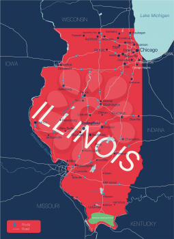 Illinois state detailed editable map with with cities and towns, geographic sites, roads, railways, interstates and U.S. highways. Vector EPS-10 file, trending color scheme