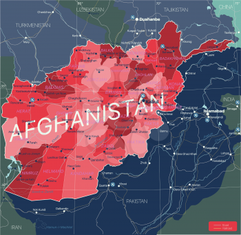 Afghanistan country detailed editable map with regions cities and towns, roads and railways, geographic sites. Vector EPS-10 file
