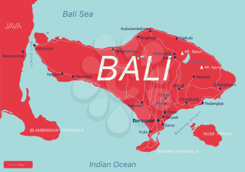 Bali country detailed editable map with regions cities and towns, roads and railways, geographic sites. Vector EPS-10 file
