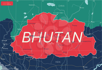 Bhutan country detailed editable map with regions cities and towns, roads and railways, geographic sites. Vector EPS-10 file