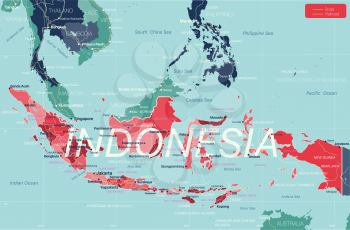 Indonesia country detailed editable map with regions cities and towns, roads and railways, geographic sites. Vector EPS-10 file