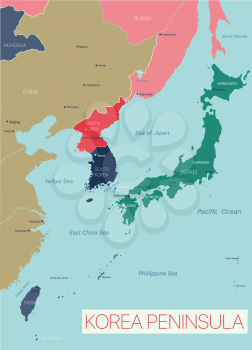 Korea peninsula detailed editable map with countries capitals and cities. Vector EPS-10 file