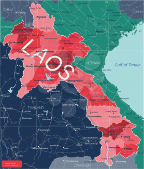 Laos country detailed editable map with regions cities and towns, roads and railways, geographic sites. Vector EPS-10 file