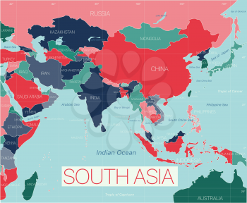 South Asia region detailed editable map with countries cities and towns. Vector EPS-10 file