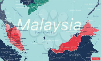 Malaysia country detailed editable map with regions cities and towns, roads and railways, geographic sites. Vector EPS-10 file