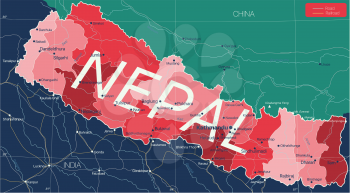 Nepal country detailed editable map with regions cities and towns, roads and railways, geographic sites. Vector EPS-10 file