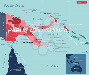 Papua New Guinea country detailed editable map with regions cities and towns, roads and railways, geographic sites. Vector EPS-10 file