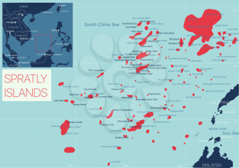 Spratly Island detailed editable map with cities and towns. Vector EPS-10 file