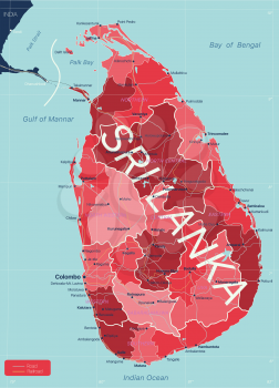 Sri Lanka detailed editable map with regions cities and towns, roads and railways, geographic sites. Vector EPS-10 file