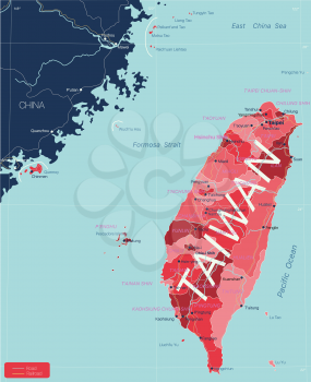 Taiwan detailed editable map with regions cities and towns, roads and railways, geographic sites. Vector EPS-10 file