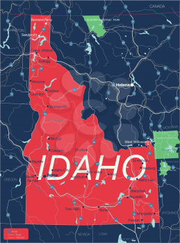 Idaho state detailed editable map with cities and towns, geographic sites, roads, railways, interstates and U.S. highways. Vector EPS-10 file, trending color scheme