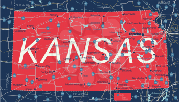 Kanzas state detailed editable map with cities and towns, geographic sites, roads, railways, interstates and U.S. highways. Vector EPS-10 file, trending color scheme