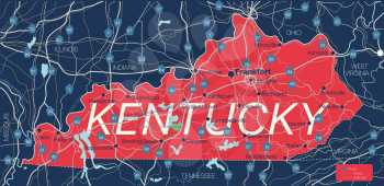 Kentucky state detailed editable map with cities and towns, geographic sites, roads, railways, interstates and U.S. highways. Vector EPS-10 file, trending color scheme