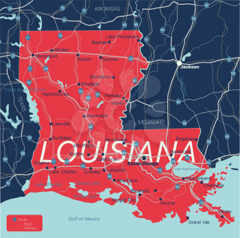 Lousiana state detailed editable map with cities and towns, geographic sites, roads, railways, interstates and U.S. highways. Vector EPS-10 file, trending color scheme