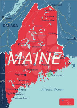 Maine state detailed editable map with cities and towns, geographic sites, roads, railways, interstates and U.S. highways. Vector EPS-10 file, trending color scheme
