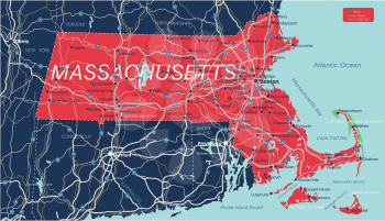 Massachusetts state detailed editable map with cities and towns, geographic sites, roads, railways, interstates and U.S. highways. Vector EPS-10 file, trending color scheme