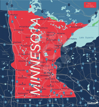 Minnesota state detailed editable map with cities and towns, geographic sites, roads, railways, interstates and U.S. highways. Vector EPS-10 file, trending color scheme