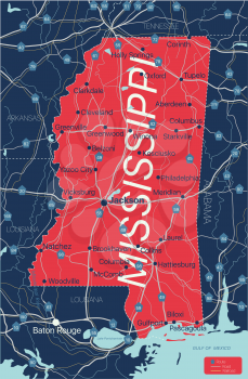 Mississippi state detailed editable map with cities and towns, geographic sites, roads, railways, interstates and U.S. highways. Vector EPS-10 file, trending color scheme