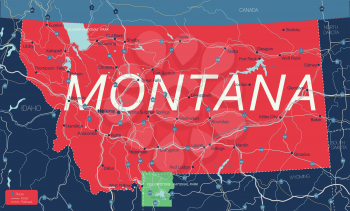 Montana state detailed editable map with cities and towns, geographic sites, roads, railways, interstates and U.S. highways. Vector EPS-10 file, trending color scheme