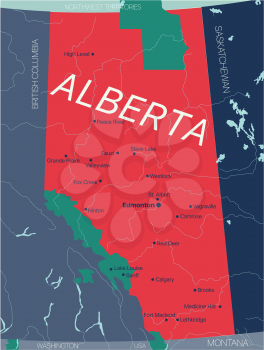 Alberta province vector editable map of the Canada with capital, national borders, cities and towns, rivers and lakes. Vector EPS-10 file