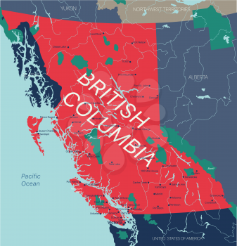 British Columbia province vector editable map of the Canada with capital, national borders, cities and towns, rivers and lakes. Vector EPS-10 file