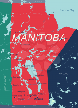 Manitoba province vector editable map of the Canada with capital, national borders, cities and towns, rivers and lakes. Vector EPS-10 file