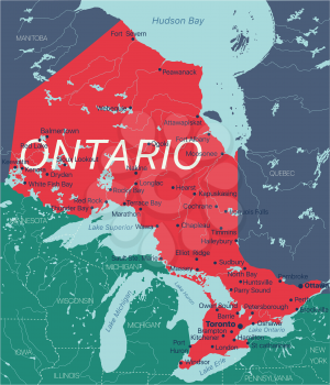Ontario province vector editable map of the Canada with capital, national borders, cities and towns, rivers and lakes. Vector EPS-10 file