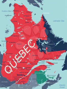 Quebec province vector editable map of the Canada with capital, national borders, cities and towns, rivers and lakes. Vector EPS-10 file