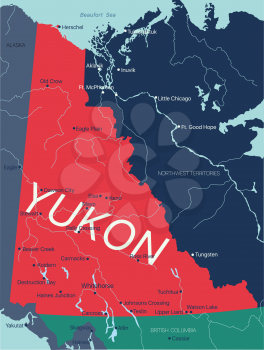 Yukon Territory vector editable map of the Canada with capital, national borders, cities and towns, rivers and lakes. Vector EPS-10 file