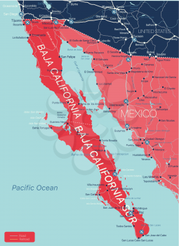 Baja California region detailed editable map with cities and towns, roads and railways, geographic sites. Vector EPS-10 file