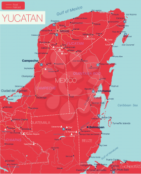 Yukatan peninsula detailed editable map with regions cities and towns, roads and railways, geographic sites. Vector EPS-10 file