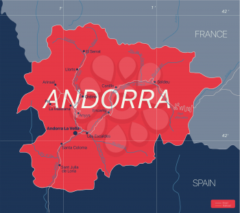 Andorra country detailed editable map with cities and towns, roads. Vector EPS-10 file