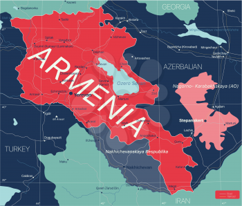 Armenia country detailed editable map with cities and towns, roads and railways. Vector EPS-10 file