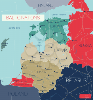 Baltic nations region detailed editable map with cities and towns, roads and railways. Vector EPS-10 file
