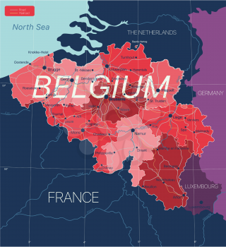 Belgium country detailed editable map with regions cities and towns, roads and railways, geographic sites. Vector EPS-10 file